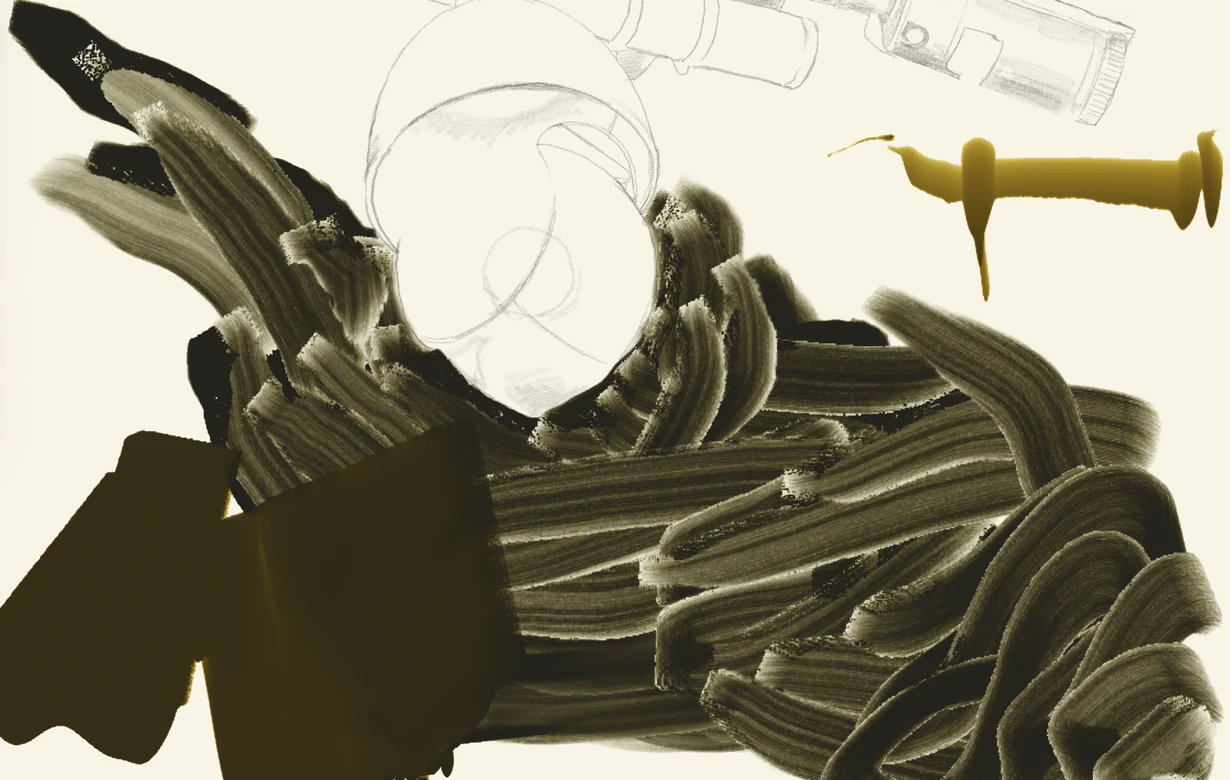 Close-up of layered olive and umber brushstrokes with visible bristle streaks, over a light pencil drawing.