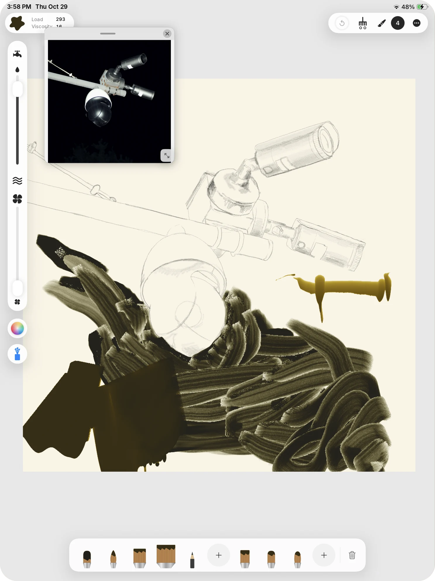 Dark olive brushstrokes over a pencil drawing of a security camera, a reference photo in a floating window, and a rack of loaded brushes along the bottom of the screen.