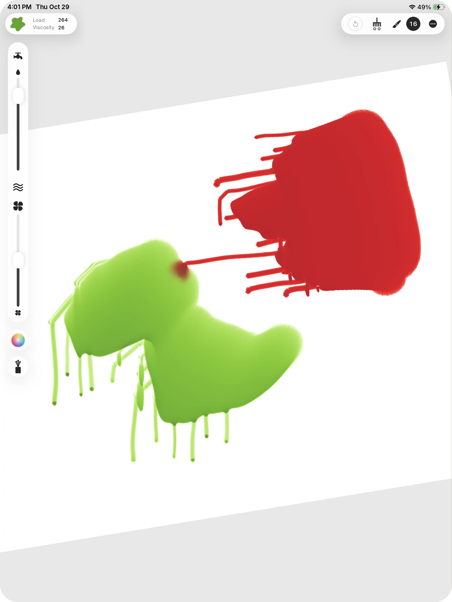 Mimesis Studio on iPad: a green and a red patch of paint on a tilted artboard, with long drips running from both toward the lower left.
