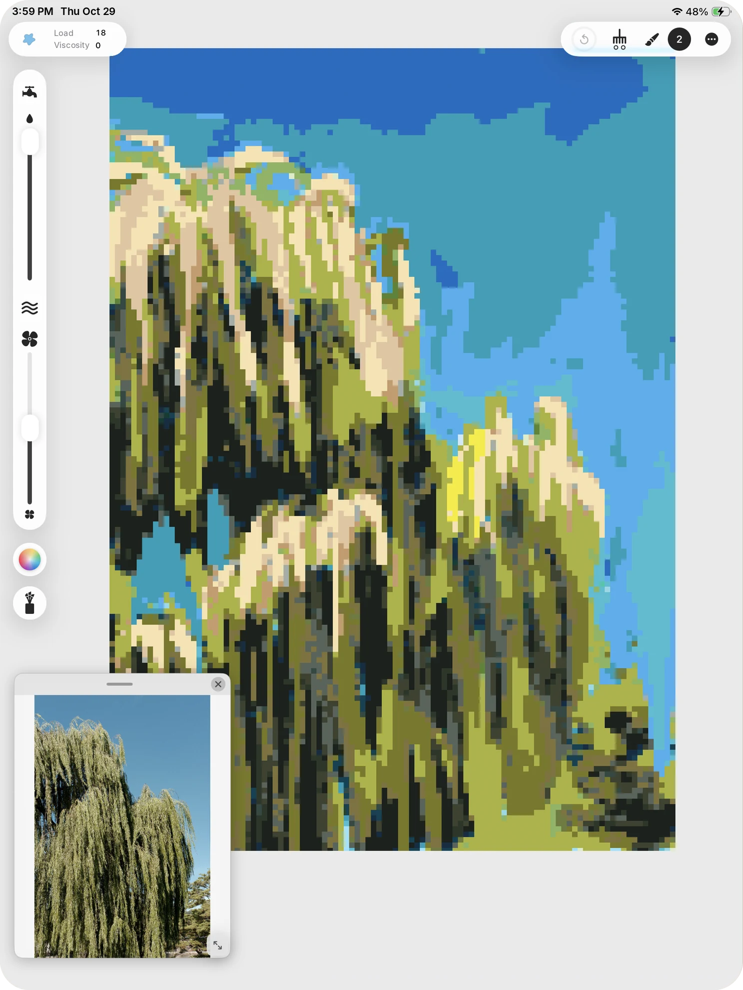 A weeping willow against blue sky rendered as pixel art, next to a small window with the reference photograph.